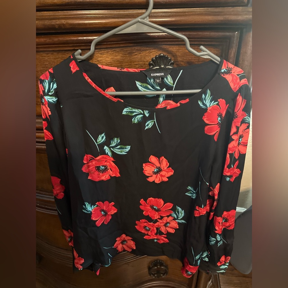 Express Black with Red Floral Design Blouse